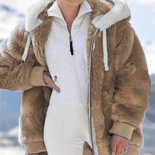 Damen Oversized Sherpa-Zipjacke mit Kontrastkragen, Rippbündchen und Kordelzug Nord Taschen