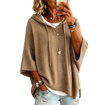 Damen Oversize Strick-Poncho mit Kapuze, Fledermausärmeln und Seitenschlitzen Nord Taschen