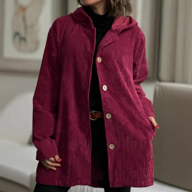 Damen Langer Kapuzen-Strickcardigan mit Rippenstruktur, Knopfleiste und Seitentaschen Nord Taschen