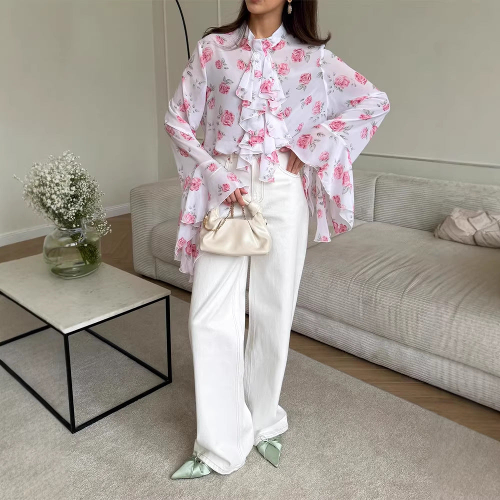 Damen Chiffon-Bluse mit Rosendruck, Volantstufen und Glockenärmeln Nord Taschen