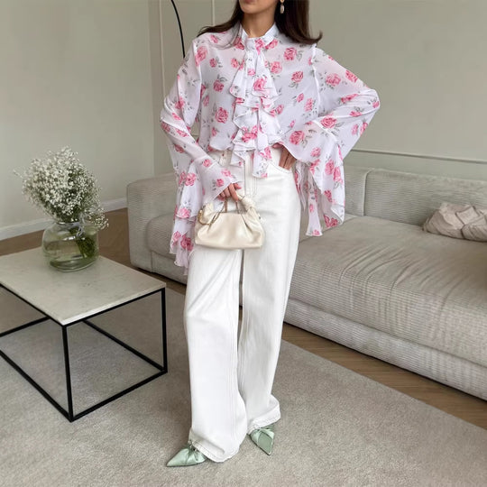 Damen Chiffon-Bluse mit Rosendruck, Volantstufen und Glockenärmeln Nord Taschen