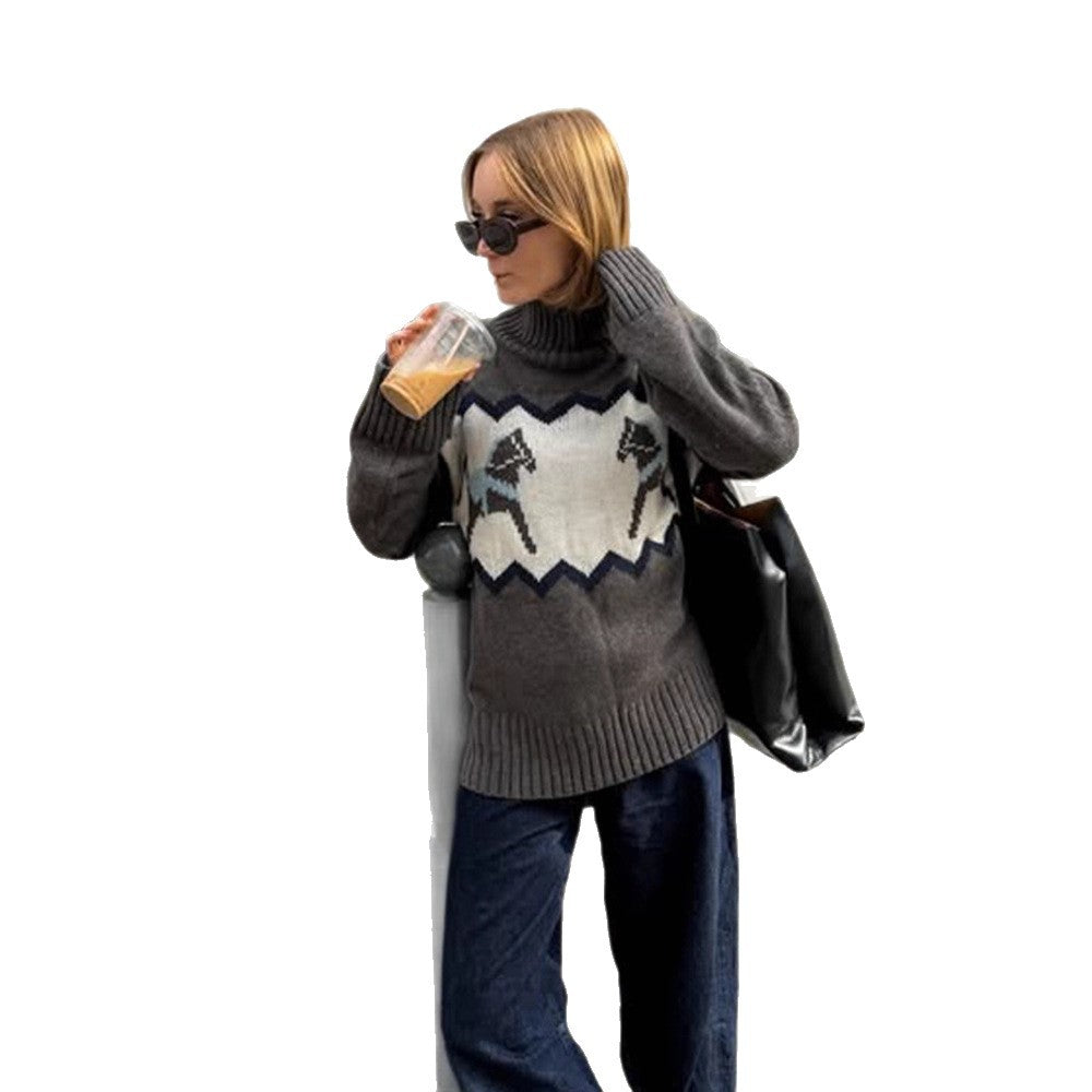 Damen Oversize-Rollkragenpullover mit Norweger-Intarsien und gerippten Bündchen Nord Taschen