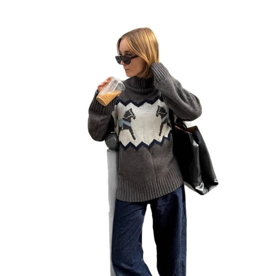Damen Oversize-Rollkragenpullover mit Norweger-Intarsien und gerippten Bündchen Nord Taschen