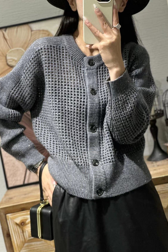 Damen Lockerer Mesh‑Cardigan mit Gitter‑Ajour, Rundhalsausschnitt und Knopfleiste Nord Taschen