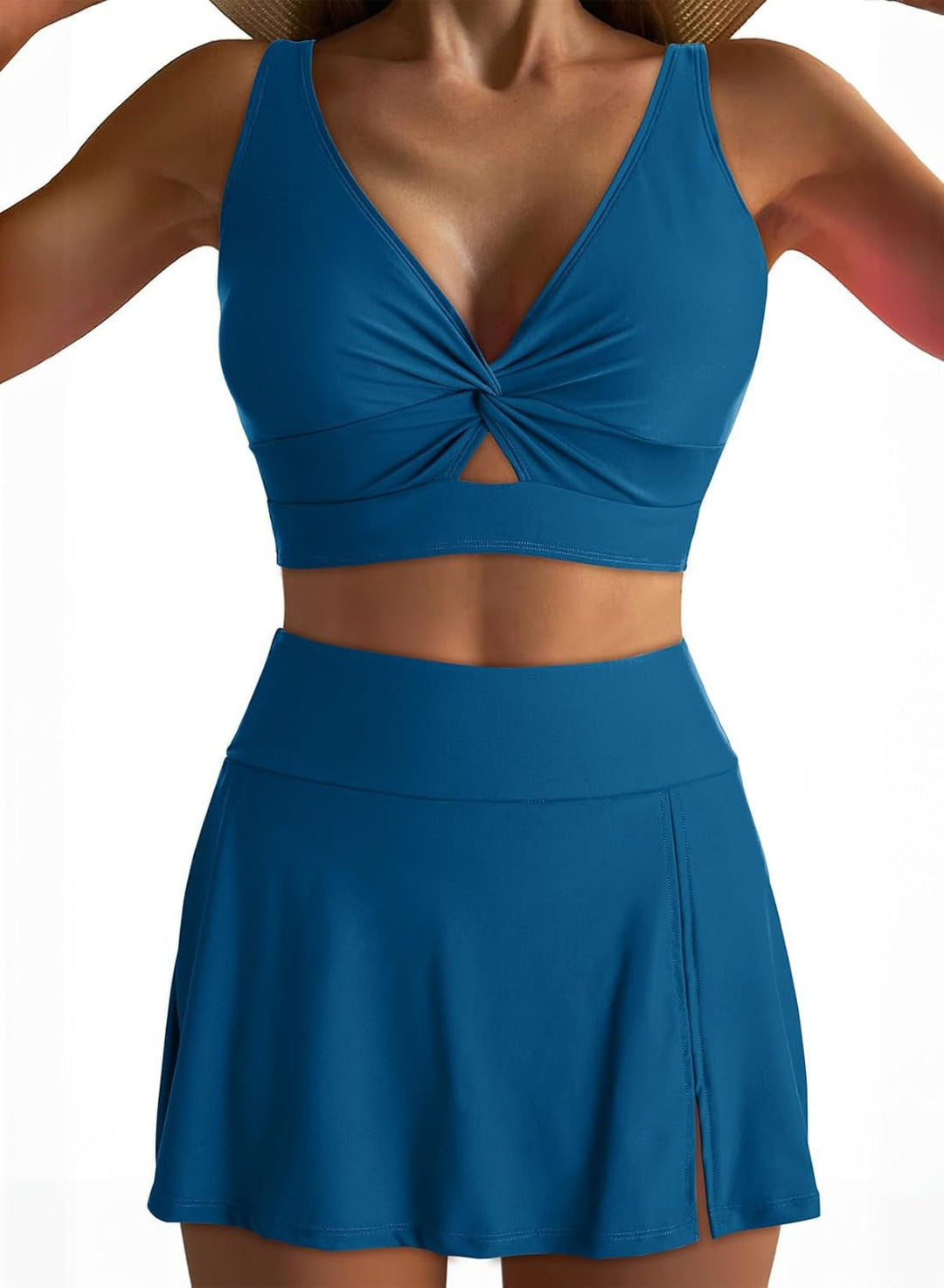 Damen Sport-Bikini-Set mit modischem Knoten-Oberteil und elegantem Rock