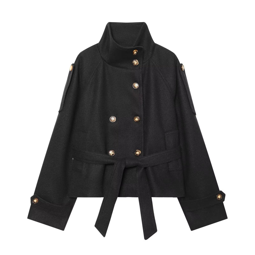 Damen Kurze doppelreihige Wollmix-Capejacke mit Stehkragen und Taillengürtel Nord Taschen