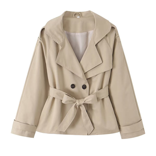 Damen Kurzer Trench‑Blouson mit Reverskapuze, Taillengürtel und doppelter Knopfleiste Nord Taschen