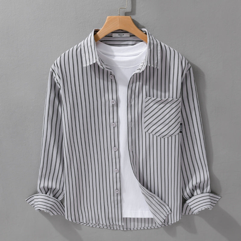 Herren Nadelstreifen-Langarm-Hemdjacke im Overshirt‑Stil aus leichtem Baumwollmix mit diagonaler Brusttasche Nord Taschen