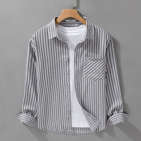 Herren Nadelstreifen-Langarm-Hemdjacke im Overshirt‑Stil aus leichtem Baumwollmix mit diagonaler Brusttasche Nord Taschen