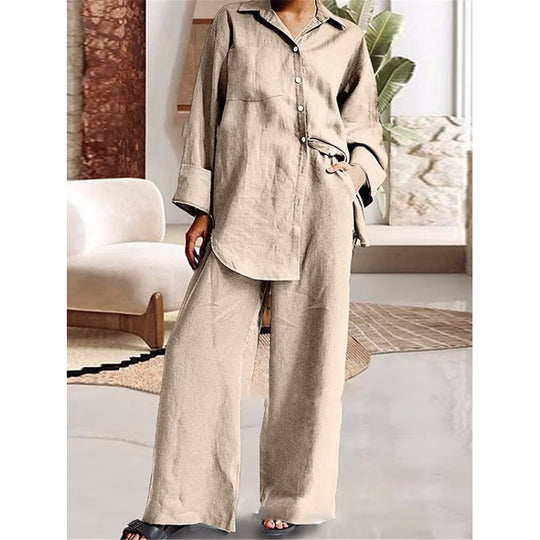 Damen Leinen-Lounge-Set mit weitem Hemd und Palazzo-Hose Nord Taschen