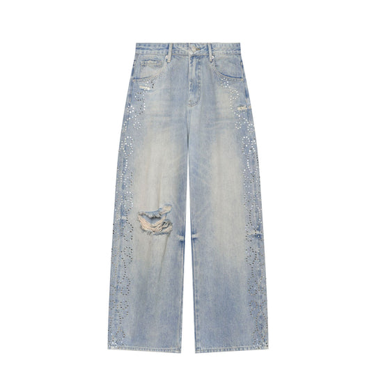 Damen Hochgeschnittene weite Jeans im verwaschenen Look mit Rissen und Nietenapplikation Nord Taschen