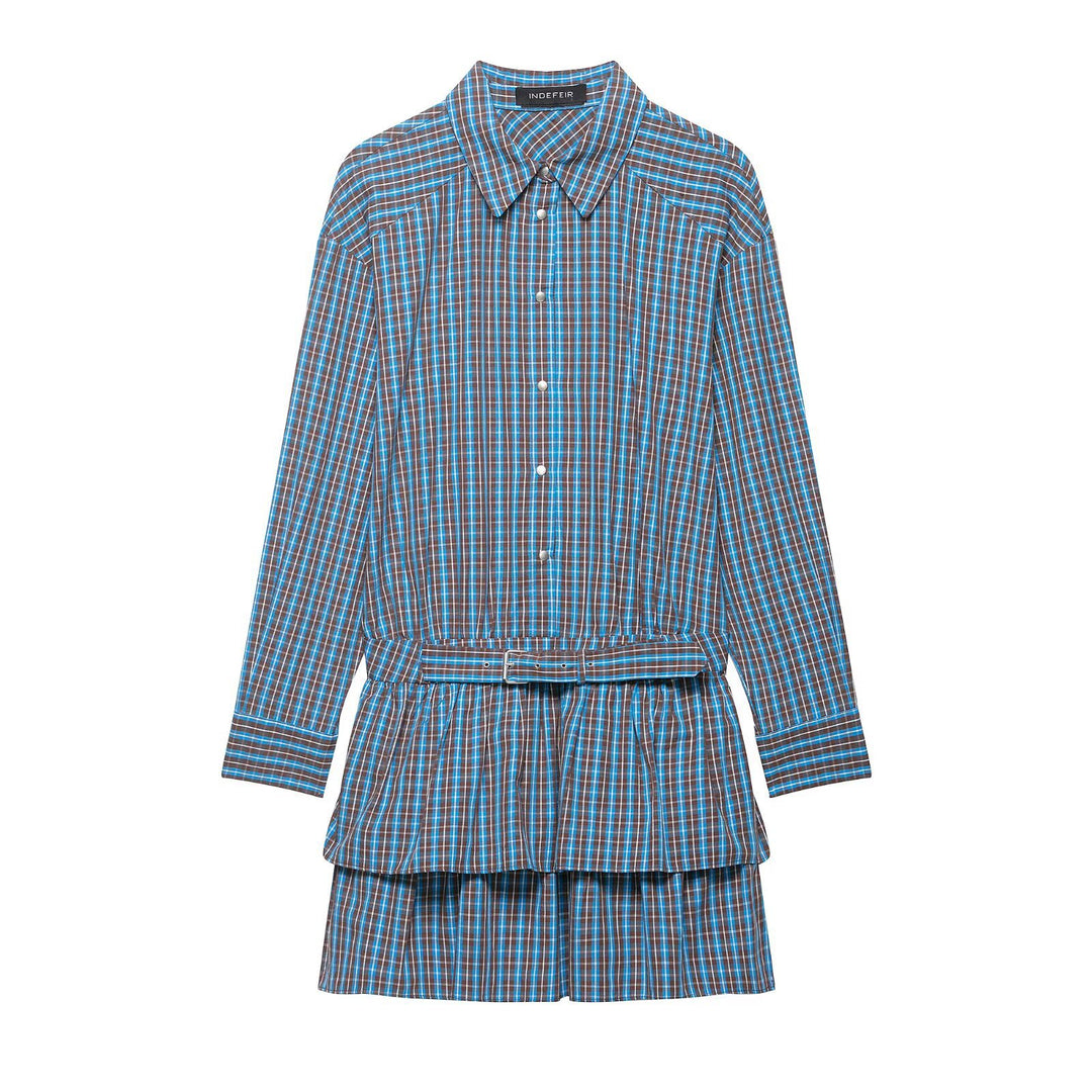 Damen Tailliertes Hemdkleid im Karomuster mit Bindegürtel und Stufenrock Nord Taschen