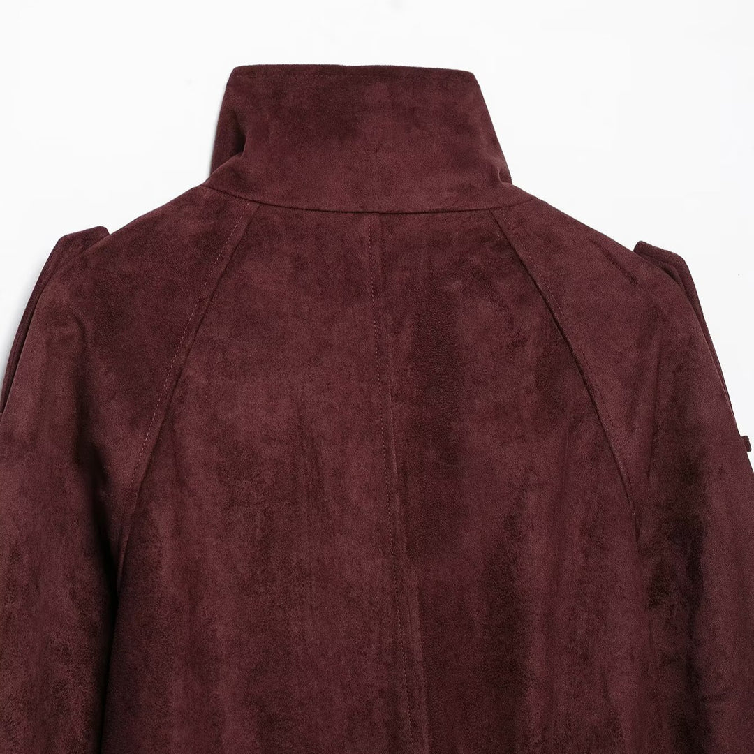 Damen Kurze Trenchjacke aus Veloursoptik mit hohem Stehkragen und Bindegürtel Nord Taschen