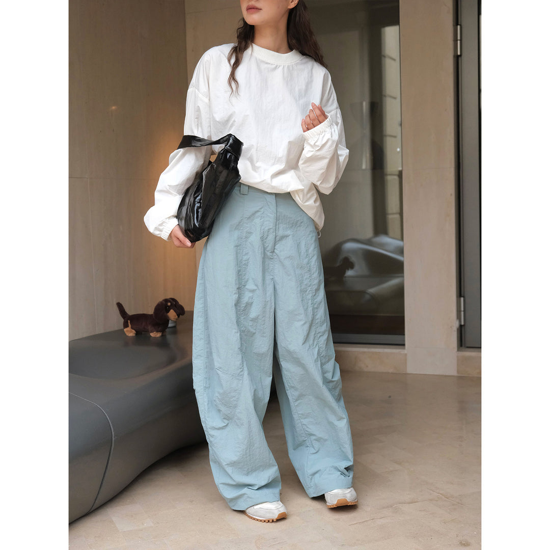 Damen Weites Baumwoll-Sweatshirt mit Ballonärmeln und geripptem Rundhalsausschnitt Nord Taschen