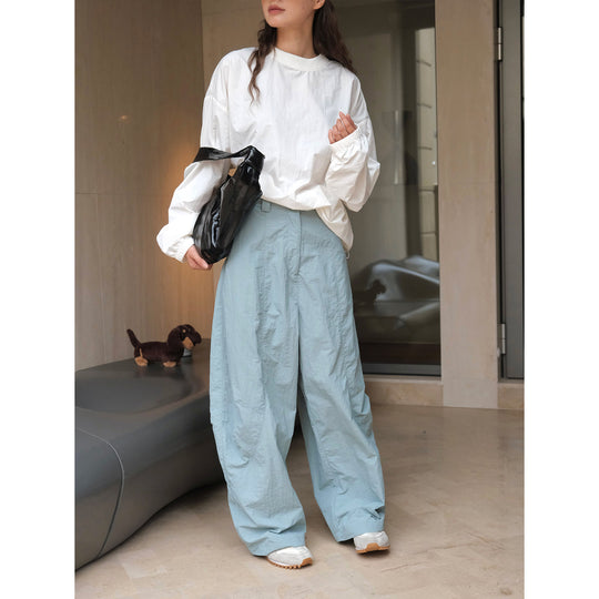 Damen Weites Baumwoll-Sweatshirt mit Ballonärmeln und geripptem Rundhalsausschnitt Nord Taschen