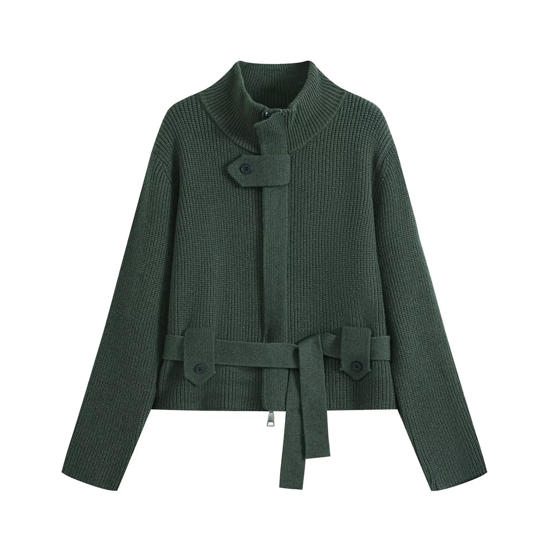 Damen Kurzgestrickte Taillierte Strickjacke mit Stehkragen und Taillengurt Nord Taschen