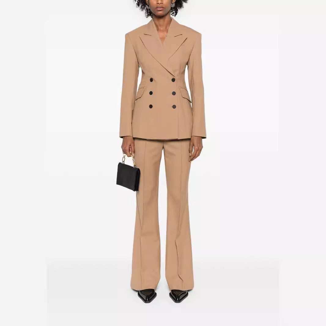 Damen Zweiteiliges tailliertes Doppelreihiges Blazer‑Hosenanzug mit ausgestellter Palazzohose Nord Taschen
