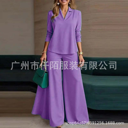 Damen Elegantes Zweiteiliges Palazzo-Set mit Hemdkragen-Top und weitem Bein Nord Taschen