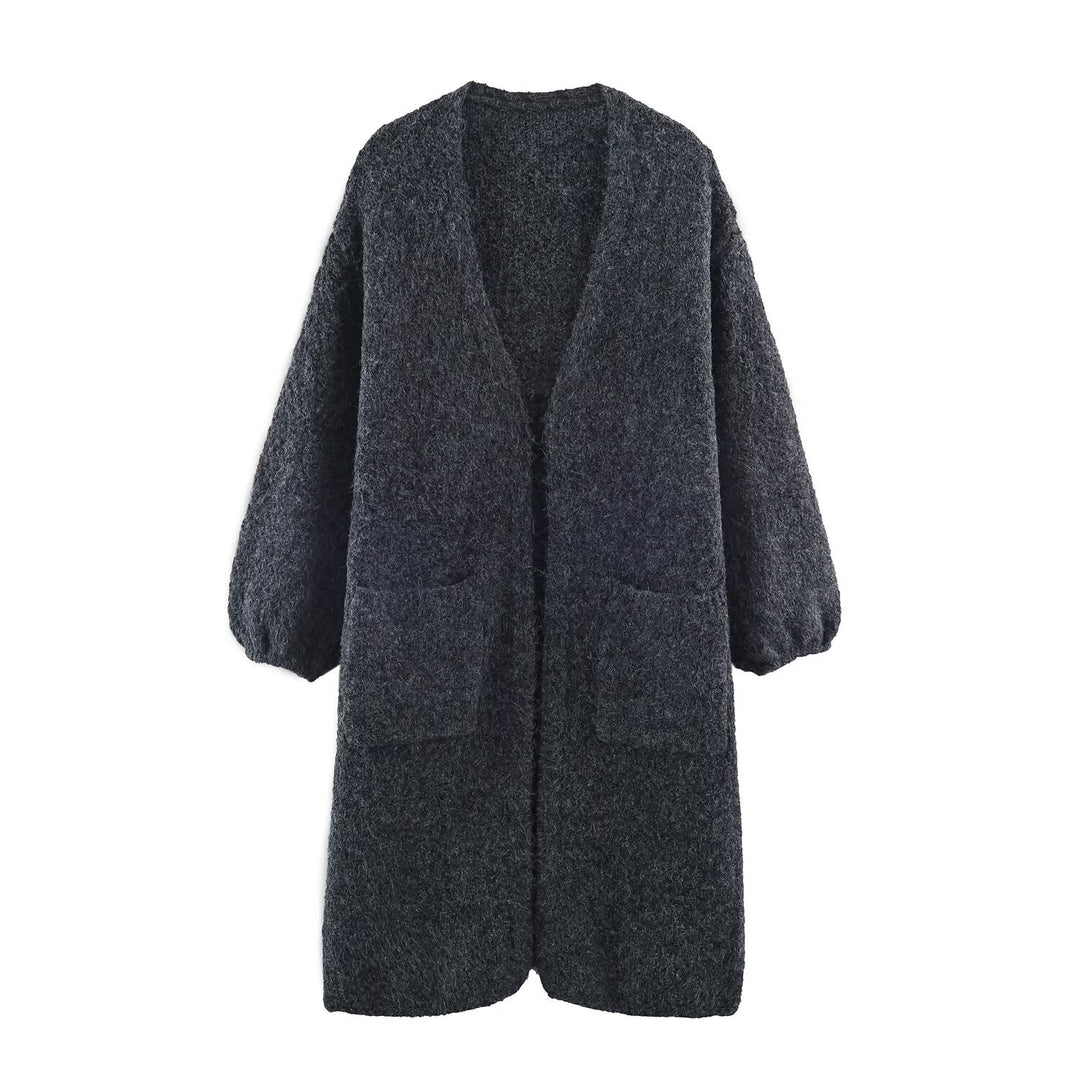 Damen Oversize Strickmantel mit V‑Ausschnitt, kuscheliger Bouclé‑Optik und aufgesetzten Taschen Nord Taschen