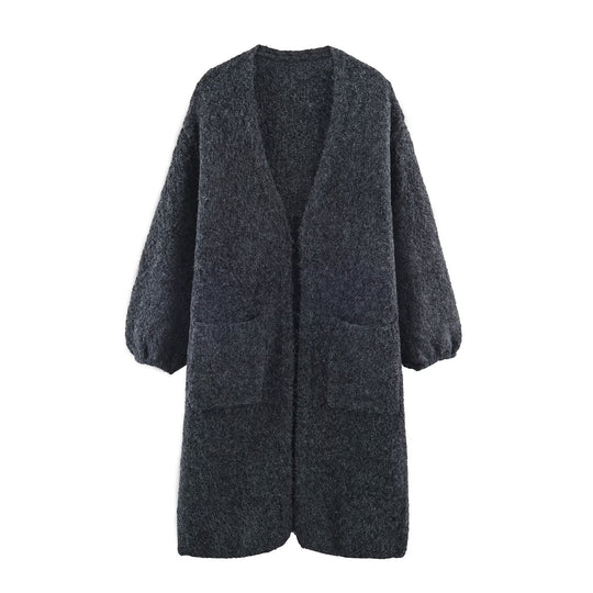 Damen Oversize Strickmantel mit V‑Ausschnitt, kuscheliger Bouclé‑Optik und aufgesetzten Taschen Nord Taschen