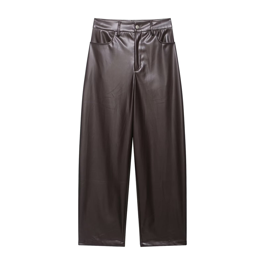 Damen Zweiteiliges PU-Leder-Ensemble mit Fieldjacke, Kordelzugtaillierung und High‑Waist Wide‑Leg Hose Nord Taschen