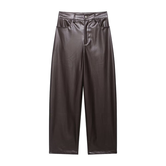 Damen Zweiteiliges PU-Leder-Ensemble mit Fieldjacke, Kordelzugtaillierung und High‑Waist Wide‑Leg Hose Nord Taschen