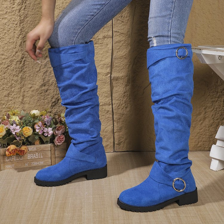 Damen kniehohe Slouch-Stiefel aus Wildlederoptik mit dekorativer Schnalle und rutschfester Profilsohle Nord Taschen