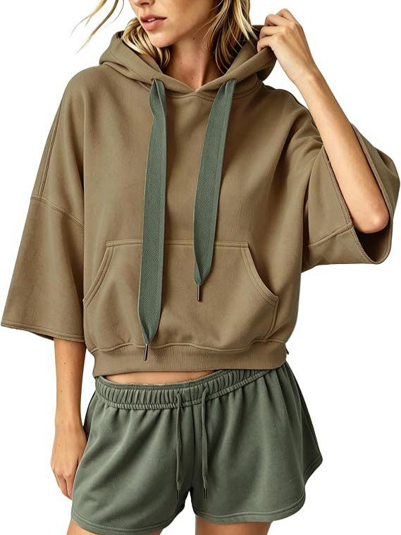 Damen Cropped Kapuzenpullover mit 3/4-Ärmeln und Kängurutasche Nord Taschen