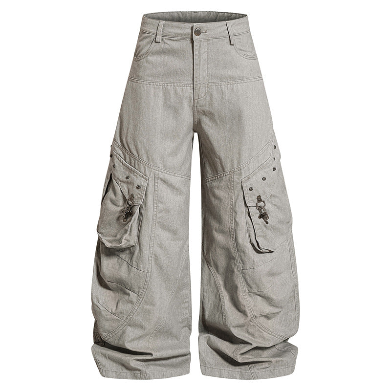 Damen Weite High‑Waist Cargo‑Culotte‑Jeanshose mit Pattentaschen und Vintage‑Wash Nord Taschen