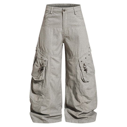 Damen Weite High‑Waist Cargo‑Culotte‑Jeanshose mit Pattentaschen und Vintage‑Wash Nord Taschen