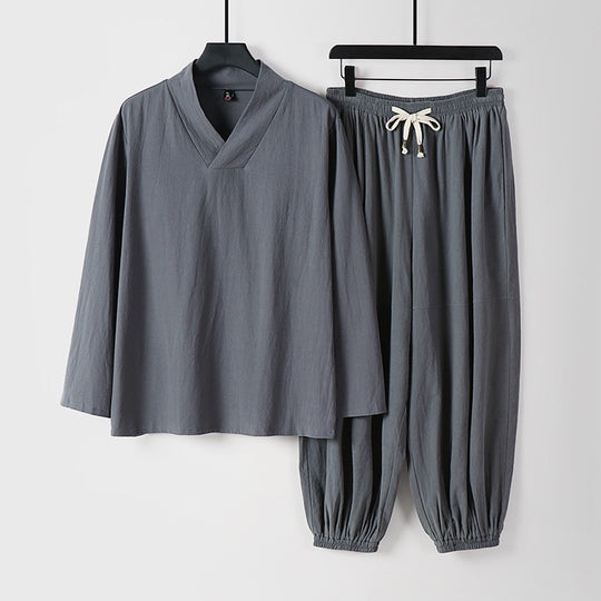 Herren Lockeres Leinen-Loungewear-Set mit V-Ausschnitt elastischem Bund und gerafften Knöcheln Nord Taschen