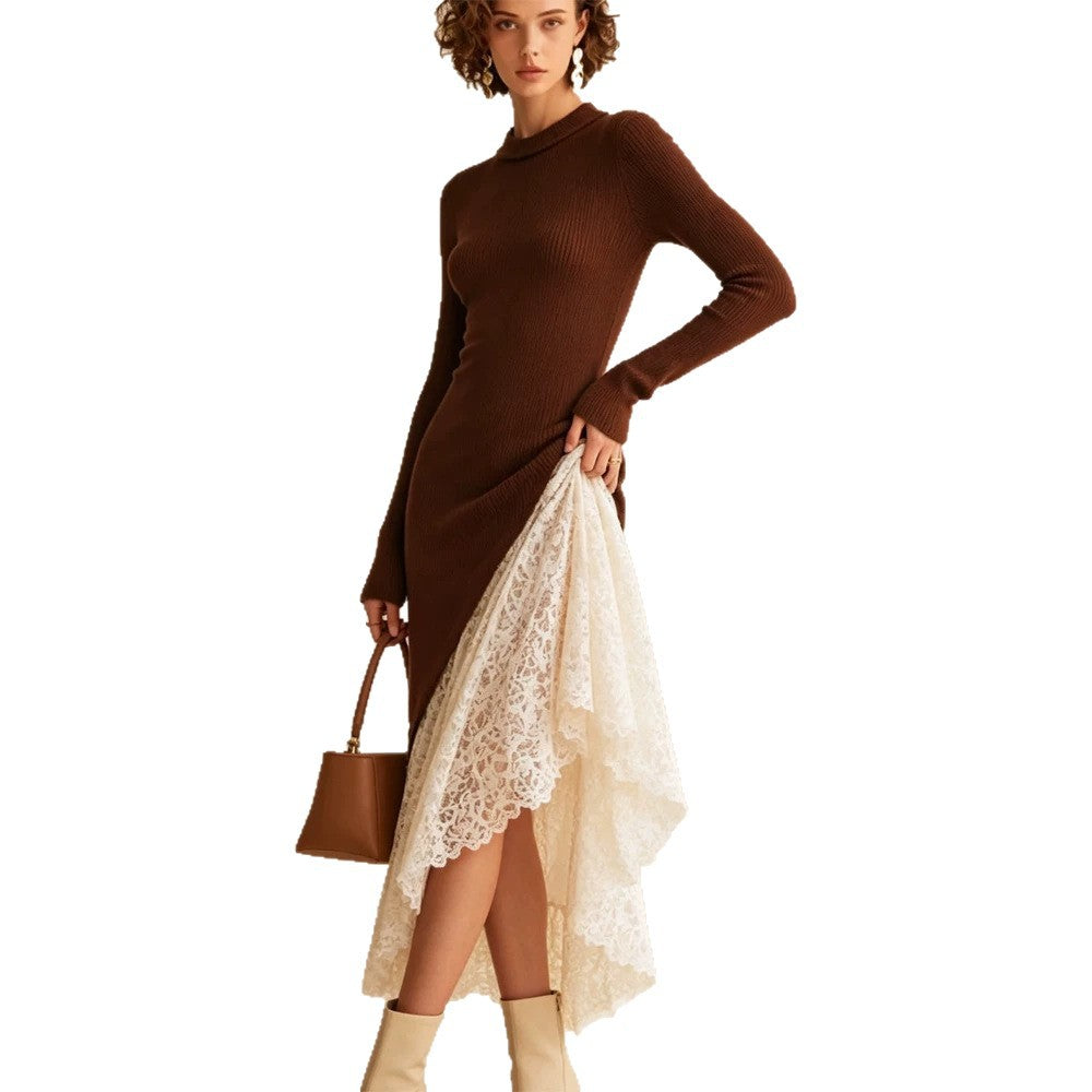 Damen Midikleid aus tailliertem Feinstrick mit asymmetrischem Spitzen-Volant Nord Taschen