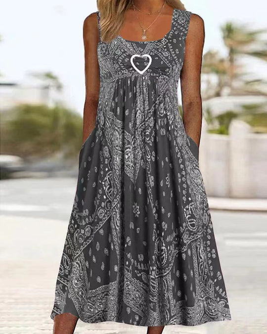 Damen nan luftiges Maxi-Kleid mit Paisley-Bandana-Print, geraffter Empire-Taille und praktischen Seitentaschen