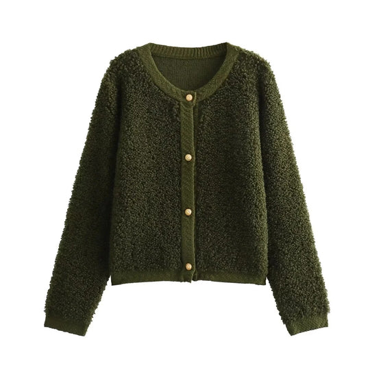 Damen Bouclé-Strickjacke mit Knopfleiste und Rundhalsausschnitt Nord Taschen