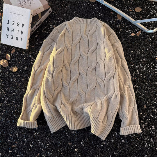 Damen Grobgestrickter Oversize-Zopfmuster-Strickpullover mit verkürztem Saum Nord Taschen