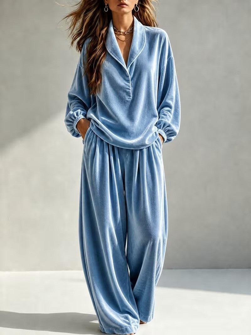 Damen Luxuriöses Velours-Loungewear-Set mit Schalkragen und weiter Palazzo-Hose Nord Taschen
