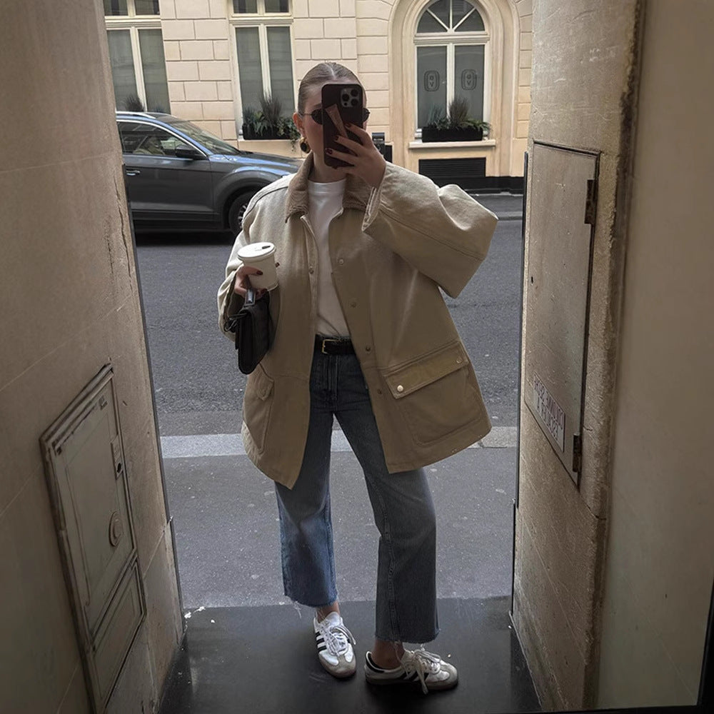 Damen Oversize-Fieldjacke mit Cordkragen, großen Pattentaschen und Druckknopfverschluss Nord Taschen