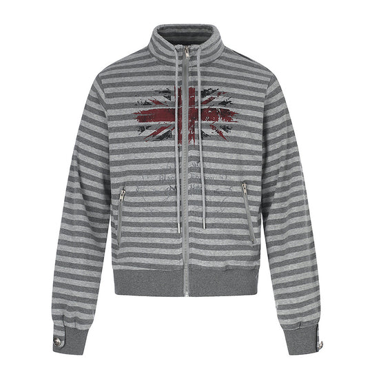 Damen Gestreifte Zip-Sweatjacke mit Stehkragen, Reißverschlusstaschen und Vintage-Flaggenprint Nord Taschen