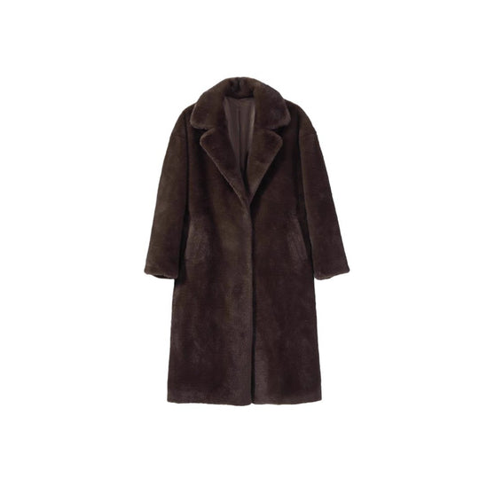Damen langer Hochflor-Mantel aus Kunstfell mit Schalkragen und legerem Schnitt Nord Taschen