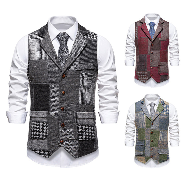 Herren Patchwork Weste mit Reverskragen Knopfleiste und aufgesetzten Taschen Nord Taschen