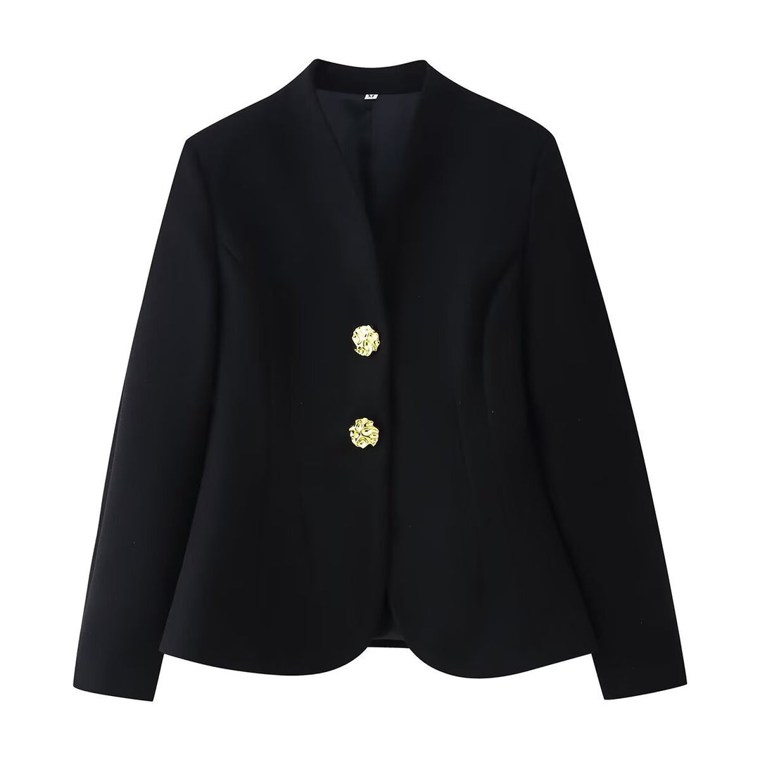 Damen Taillierter Blazer ohne Revers mit goldenen Zierknöpfen Nord Taschen