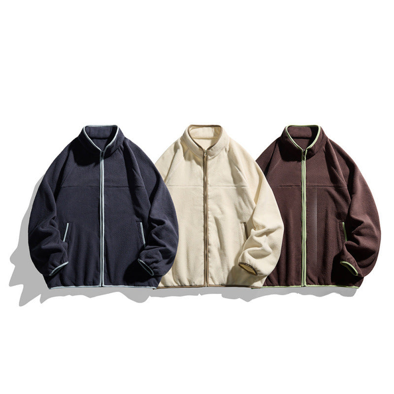 Unisex Fleecejacke mit durchgehendem Reißverschluss im Oversize-Boxy-Schnitt, Stehkragen und Kontrastpaspel Nord Taschen