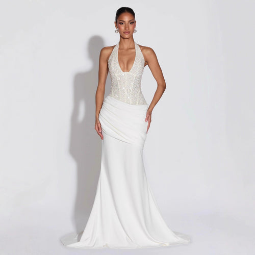 Damen Glamouröses Abendkleid mit tiefem V-Ausschnitt und dekorativen Pailletten