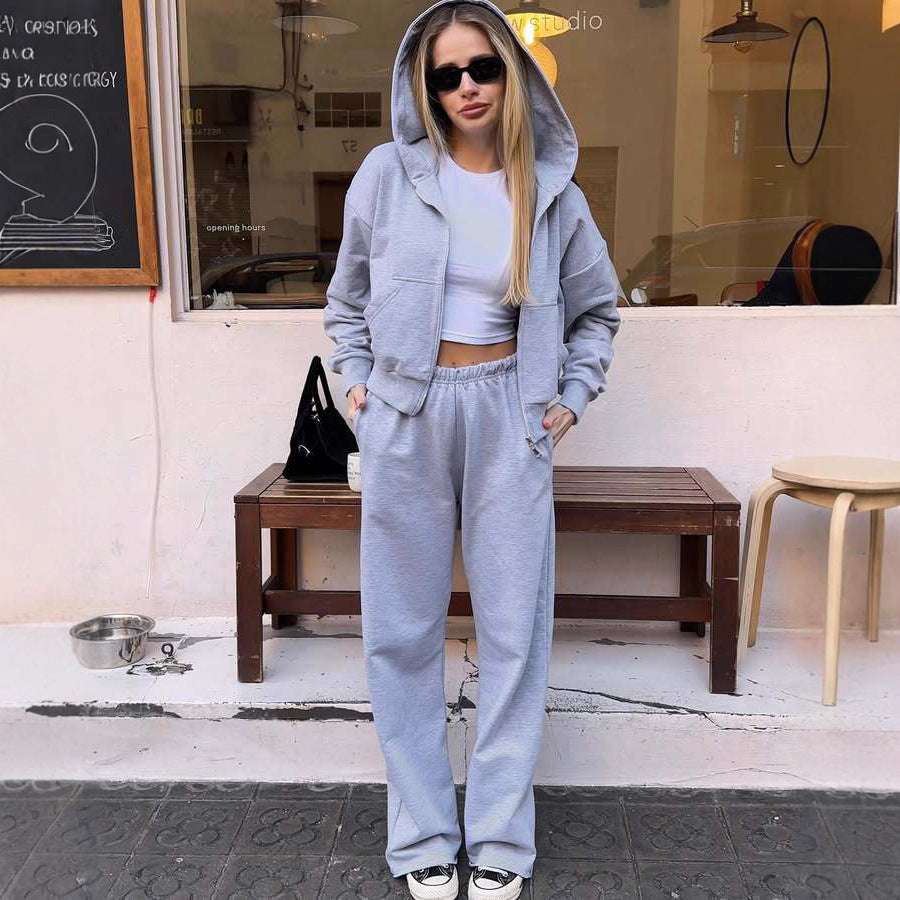 Damen kurzes Reißverschluss-Hoodie mit Kängurutasche und gerader High-Waist-Jogginghose Nord Taschen