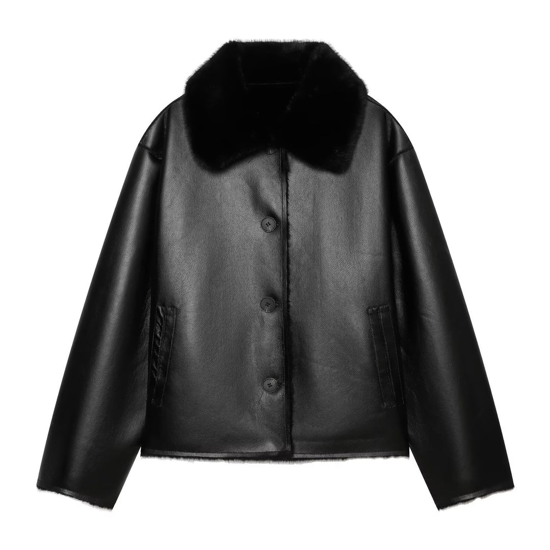Damen Kurzjacke im Aviator-Style aus Kunstleder mit breitem Fellkragen Nord Taschen