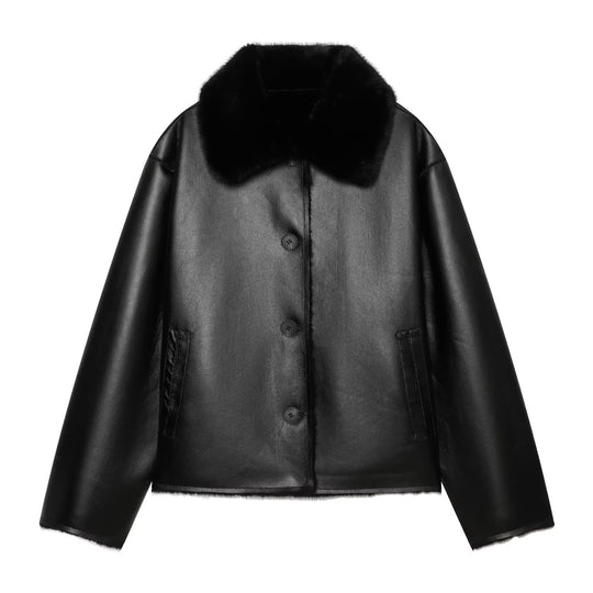 Damen Kurzjacke im Aviator-Style aus Kunstleder mit breitem Fellkragen Nord Taschen