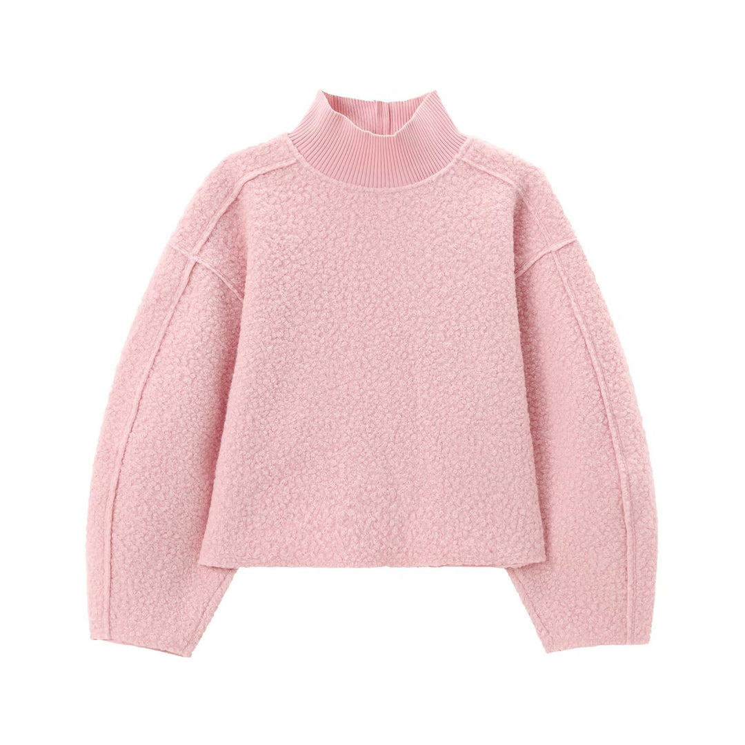 Damen Oversize Cropped Pullover mit Stehkragen und Ballonärmeln Nord Taschen