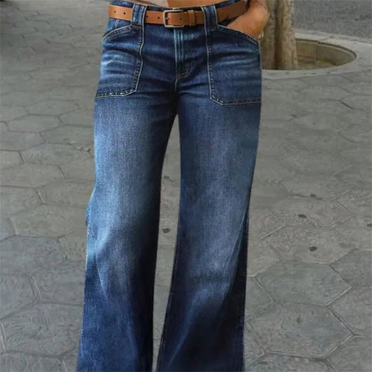 Damen Hochtaillierte Denim-Jeans mit weitem Schlagbein und aufgesetzten Vordertaschen Nord Taschen