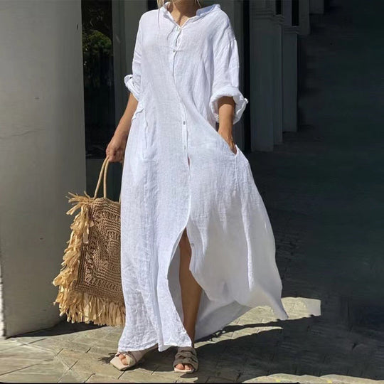 Einreiher Baumwoll-Leinen Plus Size Langkleid