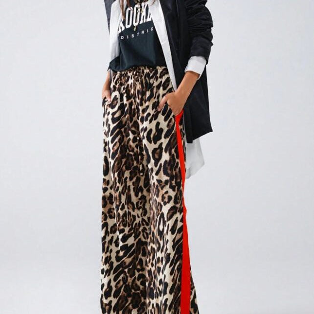 Damen weite Leinenhose mit modischem Leopardenmuster und kontrastierendem Streifen